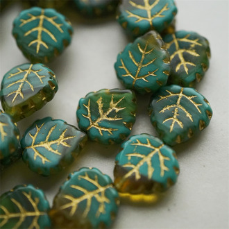 琥珀黄拼绿描金色~树叶捷克琉璃玻璃 15X16MM