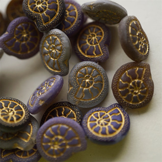 5枚入！琥珀紫灰色mix描金~海洋生物贝壳鹦鹉螺化石捷克珠玻璃琉璃珠 18X16MM