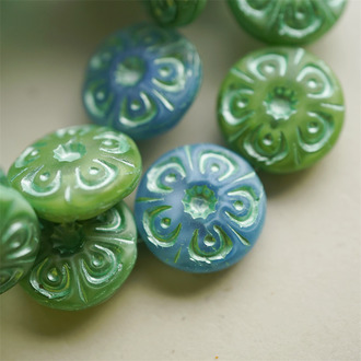 蓝绿色系mix~复古花朵扣子形直孔扁圆捷克玻璃琉璃珠 18MM