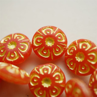 红色描黄色~复古花朵扣子形直孔扁圆捷克玻璃琉璃珠 18MM