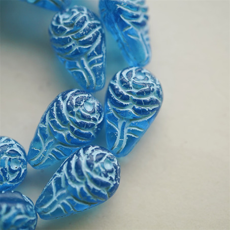 海蓝色系~浮雕整朵玫瑰珠捷克珠玻璃琉璃 20X12MM