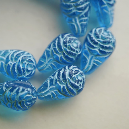 海蓝色系~浮雕整朵玫瑰珠捷克珠玻璃琉璃 20X12MM-3