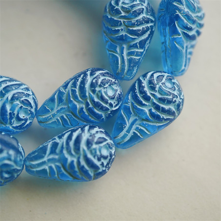 海蓝色系~浮雕整朵玫瑰珠捷克珠玻璃琉璃 20X12MM-4