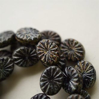 斑驳毕加索做旧黑色~椭圆放射纹捷克玻璃琉璃珠 14X11MM