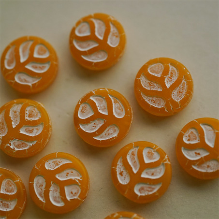 橘子汽水色~扁圆浮雕叶子珠捷克珠玻璃琉璃珠 14MM-2