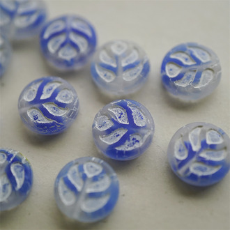 雾面蓝白夹心mix~扁圆浮雕叶子珠捷克珠玻璃琉璃珠 14MM