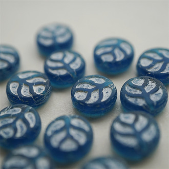 雾面钴蓝色~扁圆浮雕叶子珠捷克珠玻璃琉璃珠 14MM