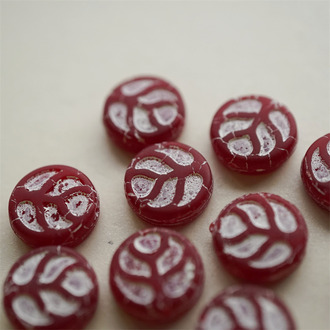 暗红拼白色~扁圆浮雕叶子珠捷克珠玻璃琉璃珠 14MM