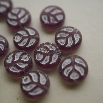 哑光葡萄紫~扁圆浮雕叶子珠捷克珠玻璃琉璃珠 14MM