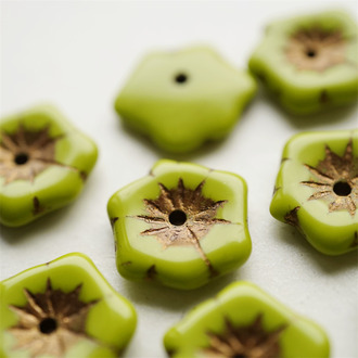 芥末绿做旧古铜金~夏威夷中孔花朵捷克珠玻璃琉璃珠 20MM