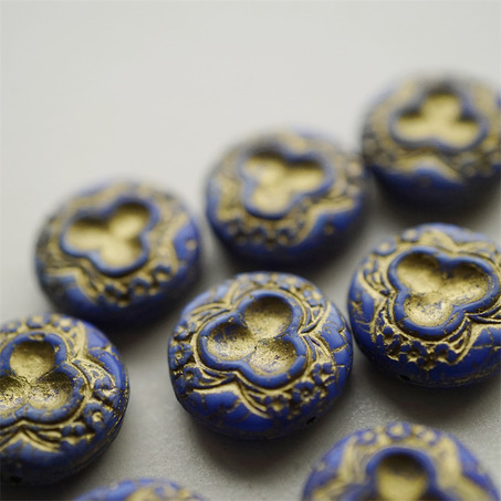 复古牛仔蓝描金~浮雕高定三瓣花扁圆珠捷克珠琉璃玻璃 18MM-3