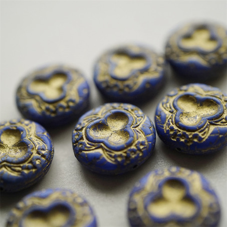 复古牛仔蓝描金~浮雕高定三瓣花扁圆珠捷克珠琉璃玻璃 18MM-4