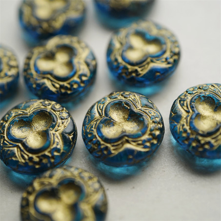 海蓝宝色描金~浮雕高定三瓣花扁圆珠捷克珠琉璃玻璃 18MM-4