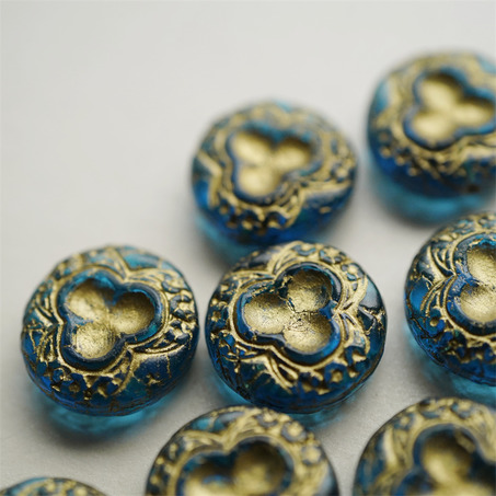 海蓝宝色描金~浮雕高定三瓣花扁圆珠捷克珠琉璃玻璃 18MM-5