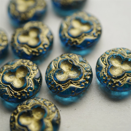 海蓝宝色描金~浮雕高定三瓣花扁圆珠捷克珠琉璃玻璃 18MM-6