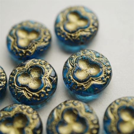 海蓝宝色描金~浮雕高定三瓣花扁圆珠捷克珠琉璃玻璃 18MM-7