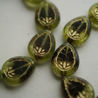 绿紫夹心mix描金色~水滴形浮雕睡莲纹直孔捷克珠玻璃琉璃珠 18X14MM