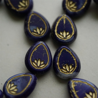 藏蓝色渐变mix描金~水滴形浮雕睡莲纹直孔捷克珠玻璃琉璃珠 18X14MM