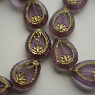 透水紫色做旧描金~水滴形浮雕睡莲纹直孔捷克珠玻璃琉璃珠 18X14MM