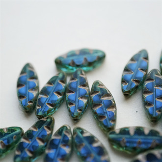 深透蓝色海洋色毕加索边边~梭形刻纹椭圆捷克珠玻璃琉璃串珠 18X7MM