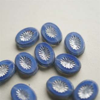 果冻婴儿蓝描银色~奇异纹椭圆捷克珠琉璃玻璃珠 14X10MM
