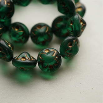 复古森林绿绝版配色~立体浮雕四叶花扁圆捷克珠玻璃琉璃珠 14X11MM