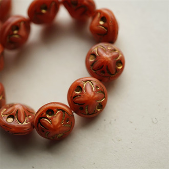 渐变复古红描金绝版配色~立体浮雕四叶花扁圆捷克珠玻璃琉璃珠 14X11MM