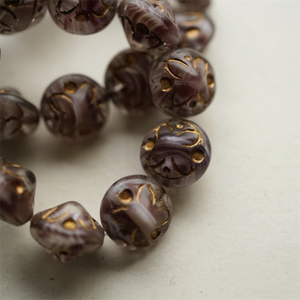 高级紫色条纹夹心描金绝版配色~立体浮雕四叶花扁圆捷克珠玻璃琉璃珠 14X11MM