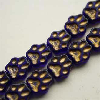 复古深蓝描金~可爱猫爪脚印捷克珠玻璃琉璃珠 13MM