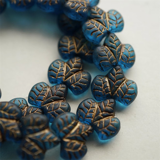 做旧复古孔雀蓝~胖山楂树叶双面浮雕捷克珠玻璃琉璃珠 16X14MM