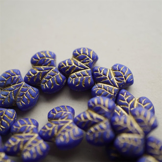 宝蓝色描金~胖山楂树叶双面浮雕捷克珠玻璃琉璃珠 16X14MM