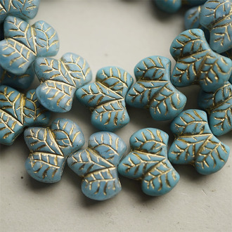 浅蓝色描金~胖山楂树叶双面浮雕捷克珠玻璃琉璃珠 16X14MM