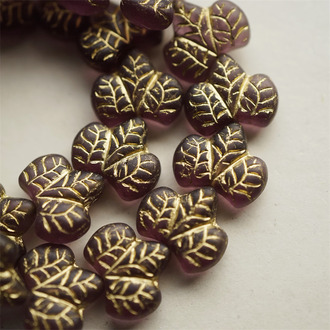 葡萄紫描金~胖山楂树叶双面浮雕捷克珠玻璃琉璃珠 16X14MM