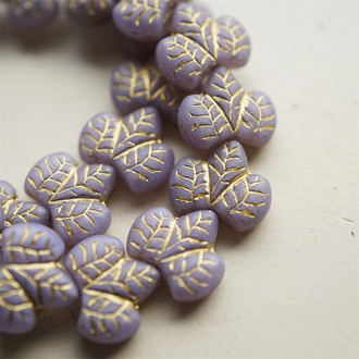浅紫色描金~胖山楂树叶双面浮雕捷克珠玻璃琉璃珠 16X14MM