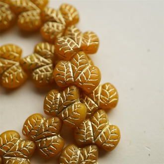 橘色描金~胖山楂树叶双面浮雕捷克珠玻璃琉璃珠 16X14MM