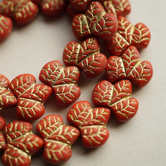洋红色描金~胖山楂树叶双面浮雕捷克珠玻璃琉璃珠 16X14MM