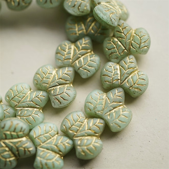 薄荷绿描金~胖山楂树叶双面浮雕捷克珠玻璃琉璃珠 16X14MM