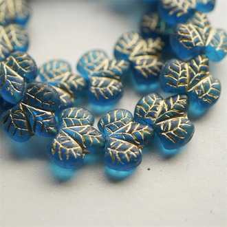 孔雀蓝描金~胖山楂树叶双面浮雕捷克珠玻璃琉璃珠 16X14MM