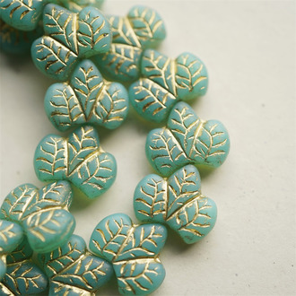蛋白萤石绿描金~胖山楂树叶双面浮雕捷克珠玻璃琉璃珠 16X14MM