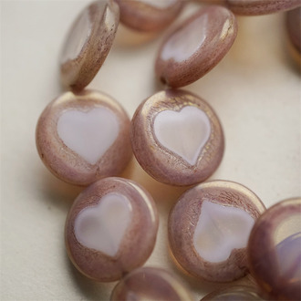 少女粉蛋白夹微透心~扁圆少女爱心捷克珠玻璃琉璃珠 17MM