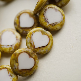 纯白色做旧边框~扁圆少女爱心捷克珠玻璃琉璃珠 17MM