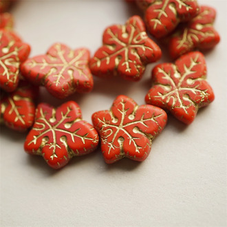 实色红色描金~大号棕榈树叶捷克珠玻璃琉璃珠 17X16MM