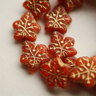 半透红色描金~大号棕榈树叶捷克珠玻璃琉璃珠 17X16MM