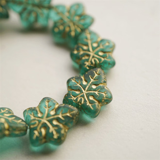 透森林绿描金~大号棕榈树叶捷克珠玻璃琉璃珠 17X16MM
