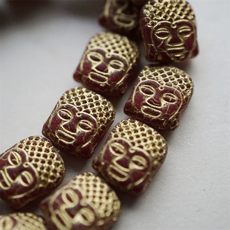 深红色描金~平安吉祥佛头捷克玻璃琉璃珠 14X12MM