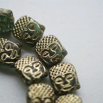 深透绿描金~平安吉祥佛头捷克玻璃琉璃珠 14X12MM