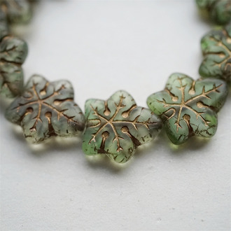 浅绿色系mix描古铜金~大号棕榈树叶捷克珠玻璃琉璃珠 17X16MM