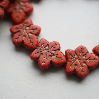 实色红描古铜金~大号棕榈树叶捷克珠玻璃琉璃珠 17X16MM