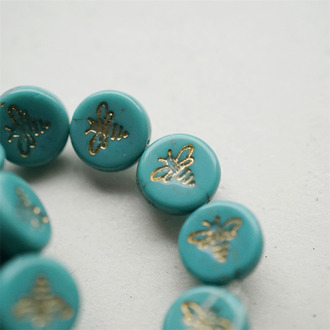 松石绿描金~新款可爱蜜蜂扁圆捷克珠琉璃珠玻璃珠 12MM
