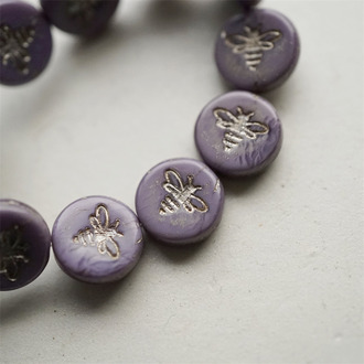 温柔紫色描白金色~新款可爱蜜蜂扁圆捷克珠琉璃珠玻璃珠 12MM